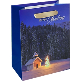 Geschenktasche Sigel Christmas Chapel, Weihnachts-Motiv, Bodeneinlage, Seidenbandgriffe, B 180 x T 100 x H 230 mm, Weißkarton/Kunststoff, blau, 1 Stück