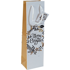 Geschenktasjes Kerstmis Sigel, voor flessen, draagkoorden & labels, 100 x 350 x 80 mm, papier met belettering & glansvernis, wit-goud, 5 st.