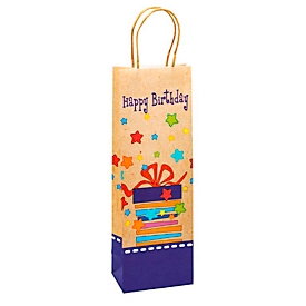Geschenktüte für Flaschen „Happy Birthday“, mit Tragekordel, B 120 x T 80 x H 360 mm, Kraftpapier, beige & farbig bedruckt, 6 Stück