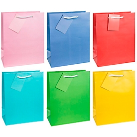 Geschenktüte „Trendfarben“, Format A5, mit Tragekordel & Beschriftungsschild, B 180 x T 100 x H 230 mm, PP-Folie, 12 Stück farbsortiert