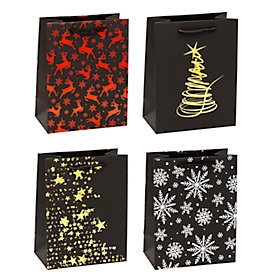 Geschenktüten Weihnachten TSI Premium Serie 10, 4 verschiedene Motive, medium, B 180 x T 100 x H 230 mm, Kraftpapier, schwarz-farbig, 12 Stück