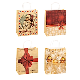 Geschenktüten Weihnachten TSI Serie 4, 4 verschiedene Motive, gross, B 260 x T 135 x H 320 mm, 100 % recycelbar, Kraftpapier, beige-rot, 12 Stück