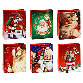 Geschenktüten Weihnachten TSI Serie 5, 6 verschiedene Motive, Kordel & Beschriftungsschild, medium, B 180 x T 100 x H 230 mm, Papier, farbig, 12 Stück