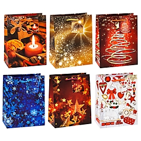 Geschenktüten Weihnachten TSI Serie 8, 6 verschiedene Motive, mit Griffkordel, medium, B 180 x T 100 x H 230 mm, farbsortiert, 12 Stück