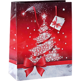 Geschenkzak Sigel Sparkling Tree, met koorden & geschenklabel, papier, rood met kerstboom, klein