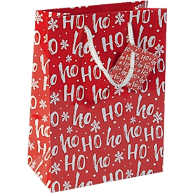 Geschenkzakjes Kerstmis Sigel, draagkoorden & geschenkkaartjes, medium, 170 x 230 x 90 mm, papier met belettering & glanzende afwerking, rood, 5 st.
