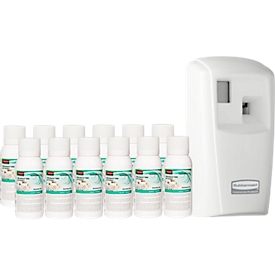 Geurdispenser Rubbermaid Microburst-3000, incl. 12 navulbussen, Relaxing Spa, tot 90 dagen, programmeerbaar, L 187 x B 101 mm x H 82 mm, wit