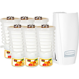 Geurdispenser Rubbermaid TCell 1.0, incl. 6x navulfles, geur Citrus Mix, voor maximaal 90 dagen, B 73 x D 74 x H 150 mm, wit