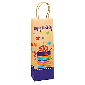 Gift bag for bottles "Happy Birthday", with carrying cord, W 120 x D 80 x H 360 mm, kraft paper, beige &amp; colour printed, 6 pieces