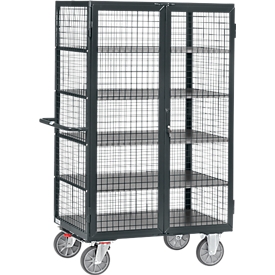 Gitterschrankwagen, mit Doppelflügeltür, abschliessbar, 5 Holzböden, bis 750 kg, 1000 x 680 mm, grau
