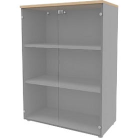 Glastürenschrank ARLON OFFICE, 3 Ordnerhöhen, Glastüren ohne Rahmen, B 900 x T 450 x H 1232 mm, Eiche-Dekor/alu