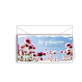 Glückwunschkarte Korsch, 'Wir gratulieren - Die besten Wünsche', rosa Blumen, weißes Kuvert, 10 Stück, DIN lang, L 206 x H 103 mm