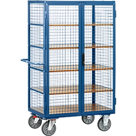 Grid cabinet trolley, with double hinged door, lockable, 5 wooden shelves, up to 750 kg, 1000 x 680 mm, blue