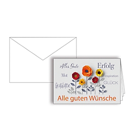 Grusskarte „Alle guten Wünsche“, Format B6, 170 x 115 mm, mit Kuverts & doppelten Einlagen, orange, Karton, 10 Stück