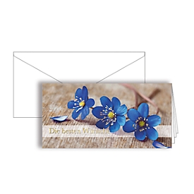 Grußkarte „Die besten Wünsche“, Format DIN lang, 206 x 103 mm, mit Kuverts & doppelten Einlagen, blau, Karton mit Goldfolienprägung, 10 Stück