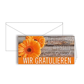 Grusskarte „Wir gratulieren“, Format DIN lang, 206 x 103 mm, mit Kuverts & doppelten Einlagen, orange, Karton mit UV-Lackierung, 10 Stück