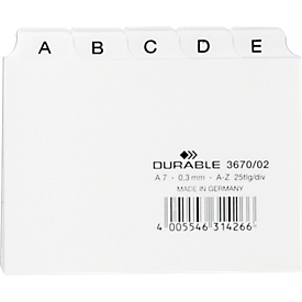 Guías de tarjetas con pestaña DURABLE, formato DIN A7, letras A-Z, plástico, blanco