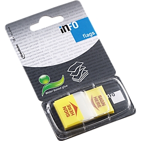 Haftnotizen INFO FLAGS, Z-Faltung, beschreibbar, selbstklebend, ablösbar, lösungsmittelfrei, 50 Blatt mit Spender, B 43 x H 25 mm, gelb Sign Here