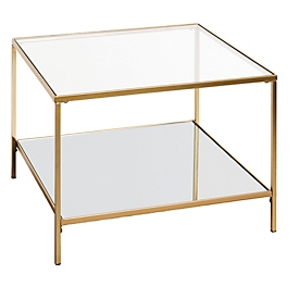 HAKU Table d'appoint, carrée, tube d'acier/verre, verre de sécurité transparent en haut, verre miroir en bas, L 600 x P 600 x H 450 mm, or