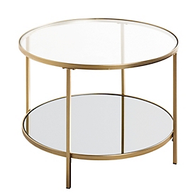 HAKU Table d'appoint, ronde, tube d'acier laqué, étagères en verre de sécurité clair/miroir, L 600 x P 600 x H 450 mm, or