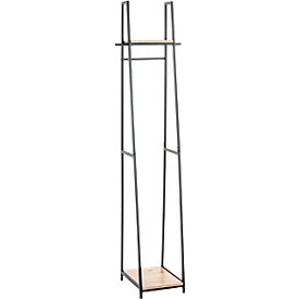 HAKU vrijstaande kapstok, totaal draagvermogen 15 kg, 2 legplanken, B 380 x D 400 x H 1660 mm, staal/hout, decor zwart/licht eiken