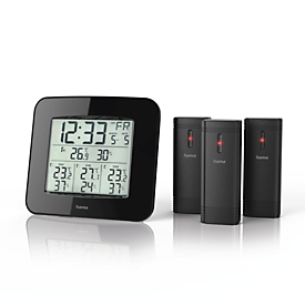 Hama Funk-Wetterstation EWS-Trio, 3 Sensoren, Anzeige von Temperatur/Luftfeuchtigkeit/Uhrzeit/Datum/Wochentag, °C und °F, Batteriebetrieb