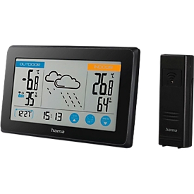 Hama Funk-Wetterstation Touch, 3 Touch-Sensoren, Anzeige von Temperatur/Luftfeuchtigkeit/Wettervorhersage/Uhrzeit/Datum, °C und °F, Batteriebetrieb