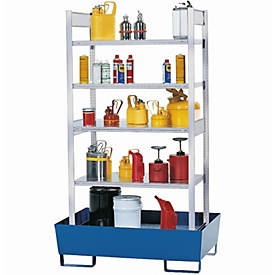 Hazardous goods rack asecos RWF 1064, W 1236 x D 816 x H 2100 mm, with 200 l sump tray made of painted steel and 4 shelves made of steel