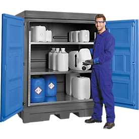 Hazardous material container, polyethylene, accessible with pallet truck, with shelving, W 1560 x D 1080 x H 1980 mm, 250 l