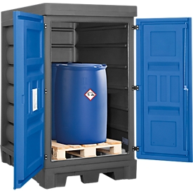 Hazardous material tank, polyethylene, accessible with pallet truck, W 1560 x D 1080 x H 1980, for 2 drums of 200 lt each.