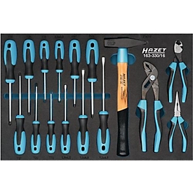Hazet Werkzeugeinlage 163-330/16, 3/3 Modul, inkl. Werkzeugsortiment, 16-tlg., B 519 x T 342 x H 35 mm, Schaumstoff, schwarz/blau