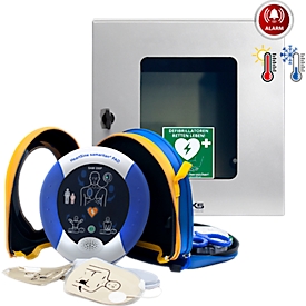 HeartSine SAM350P Defibrillator, AED, mit manueller Schockabgabe, 4 Jahre Allgefahren-Zusatzversicherung, klimatisierter Außenwandkasten mit Standortmarkierung, Erste-Hilfe-Set