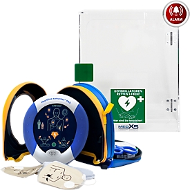 HeartSine SAM350P defibrillator, AED, voor gebruik binnenshuis, met handmatige toediening van schokken, met alarm, 4 jaar all-risk aanvullende verzekering, in glazen wandkast van acryl.