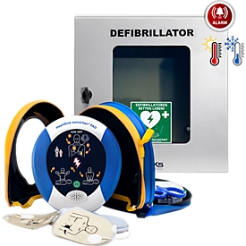 HeartSine SAM360P Defibrillator, AED, mit automatischer Schockauslösung, klimatisierter Außenwandkasten mit Standortmarkierung, 4 Jahre Allgefahren-Zusatzversicherung,
