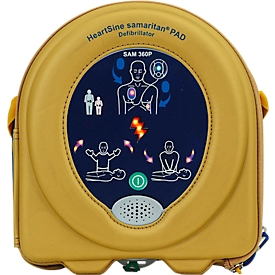 HeartSine SAM360P defibrillator, AED, voor gebruik binnenshuis, met automatische schokvrijgave, met alarm, 4 jaar all-risk aanvullende verzekering, in wandkast van acrylglas.