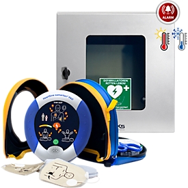 HeartSine SAM500P Reanimations-Defibrillator, AED, mit manueller Schockabgabe, 4 Jahre Allgefahren-Zusatzversicherung, klimatisierter Außenwandkasten mit Standortmarkierung