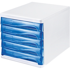 helit Schubladenbox, 5 Schübe, DIN A4, Polypropylen, Gehäuse weiss/Schublade blau transparent