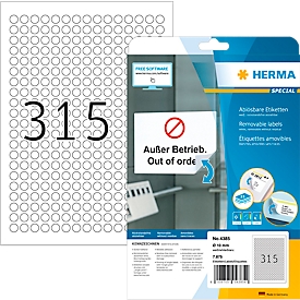 Herma ablösbare Etiketten Nr. 4385, rund, Ø 10 mm, selbstklebend, bedruckbar, Papier, weiss, 7875 Stück auf 25 Blatt