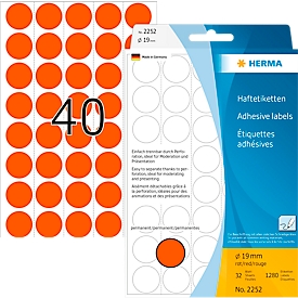 HERMA adhesive dots 2252, Ø 19 mm, self-adhesive, permanent, can be written on by hand, 1280 pieces on 32 sheets, FSC® paper, red