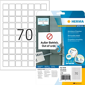 Herma Etiketten Nr. 10105, 24 x 24 mm, quadratisch, ablösbar, selbstklebend, sichere Haftung, Papier, weiss, 1750 Stück