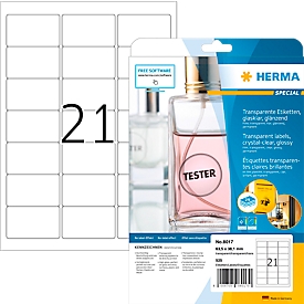 Herma Folien-Etiketten Nr. 8017, Polyesterfolie, wetterfest, transparent, glänzend, bedruckbar, permanent, 250 Stück auf 25 Blatt