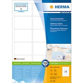 Herma premium adresetiketten nr. 4265 op A4-bladen, 1800 etiketten, 100 vellen