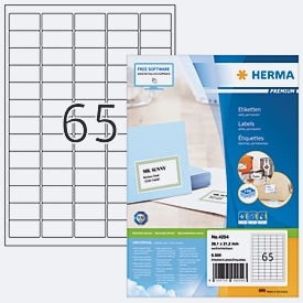 Herma Premium Adressetiketten 4254, permanenthaftend, bedruckbar, B 21,2 x H 38,1 mm, 6500 Stück/100 A4-Bogen, FSC®-Papier, weiß