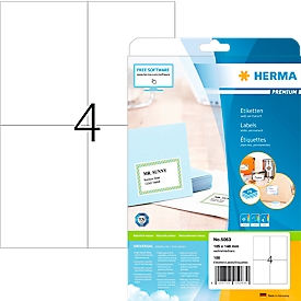Herma Premium-Adressetiketten Nr. 5063, 105 x 148 mm, selbstklebend, permanenthaftend, bedruckbar, Papier, weiss, 100 Stück auf 25 Blatt