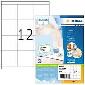 Herma Premium étiquettes d'adresse no. 4279, 70 x 67,7 mm, autocollantes, permanentes, imprimables, papier, blanc, 1200 pièces sur 100 feuilles