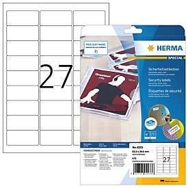 Herma Sicherheitsetiketten 4233, fälschungssicher, extrem robust, selbstklebend, B 29,6 x 63,5 mm, 675 Stück/25 A4-Bogen, Spezialfolie, weiß
