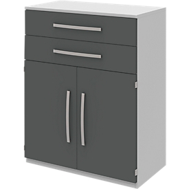 Highboard BARI, 3 ordnerhoogten, 2 schuifladen, 2 deuren, 1 legbord, B 819 x D 430 x H 1117 mm, lichtgrijs/antraciet