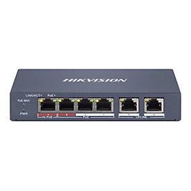 Hikvision DS-3E1106HP-EI - Switch - Smart - 3 x 10/100 (PoE+) + 2 x 10/100 (Uplink) + 1 x 10/100 (Hi-PoE) - Desktop - High PoE / PoE+ (60 W)