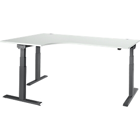 Hoekbureau ERGO-T 2.0 - elektrisch in hoogte verstelbaar - 90° hoek links - B 2000 x H 640-1300 mm - T voet blank alu - lichtgrijs - ons merk Schäfer Shop Select