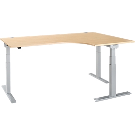 Hoekbureau ERGO-T 2.0 - elektrisch in hoogte verstelbaar - 90° hoek rechts - B 2000 x H 640-1300 mm - T voet blank alu - ahorn decor - ons merk Schäfer Shop Select